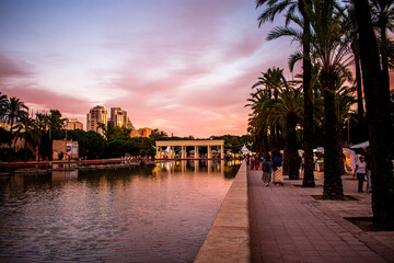 Sunset over pool, Turia Gardens, Valencia, Spain