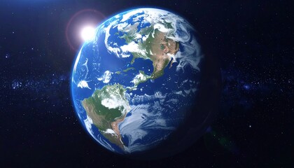 A vibrant depiction of planet Earth, bathed in sunlight against a backdrop of stars, with detailed continents