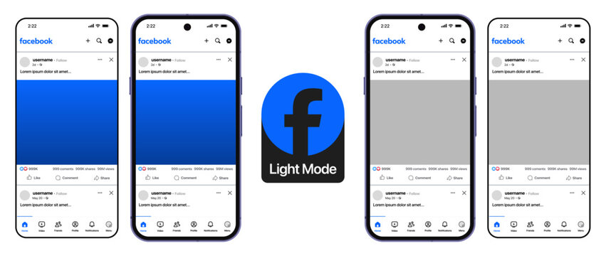 Facebook mobile app UI mockup in light mode showing social media feed, posts, likes and comments on smartphone screen design for user interface presentation
