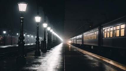 A train sits at a foggy station platform illuminated by vintage-style lampposts at night.