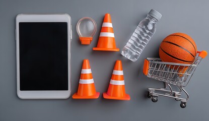 Tablet with Blank White Screen and Shopping Cart Full of Sports Equipment with Orange Cones on Gray Background – Fitness and Online Shopping Concept