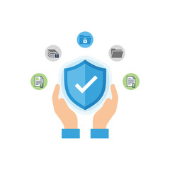 Fototapeta premium A hand encircles a luminous shield icon with a checkmark, representing cybersecurity and data protection, while digital documents and folders float against a dark backdrop