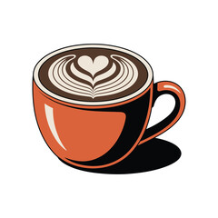 Orange cappuccino mug with latte art heart coffee