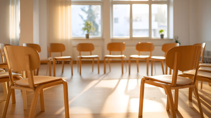 Empty wooden chairs arranged in a circle in a bright, sunlit room with large windows