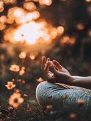 Sunset meditation session with tranquil nature ambiance and gentle floral surroundings at dusk in a serene outdoor setting