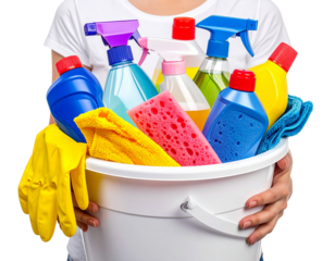 Household Cleaning Bucket in Hand with Detergent and Sponges PNG