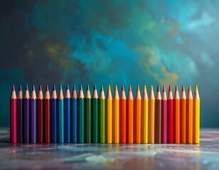 Row of colorful pencils on a textured surface
