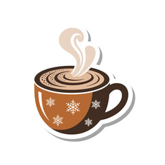 Steaming hot chocolate cup with snowflakes coffee cup