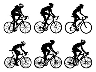 &ldquo;Sixteen black silhouette road cyclists in motion, shown from different perspectives, emphasizing action and form, minimalist vector-style composition, white background.&rdquo;