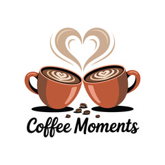 Two coffee cups with heart shaped steam and coffee beans