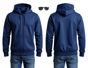 Minimalist Navy Hoodie Mockup with Folded Denim and Accessories PNG