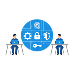 Fototapeta premium A top-down view of hands using a laptop adorned with a cybersecurity symbol