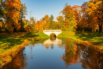 Small bridge in Alexander park in autumn, Pushkin (Tsarskoe Selo), Saint Petersburg, Russia