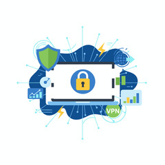 This VPN concept banner showcases an open laptop, a holographic shield, and a logo, providing reliable protection against viruses and cyber attacks, safeguarding personal data, and enabling login via