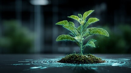 Vibrant green plant flourishes with digital connections, symbolizing future growth and innovation