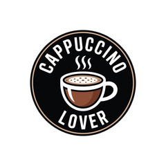 Cappuccino lover badge with steaming coffee cup drink