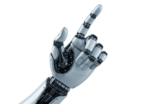 Robotic Hand Pointing Upwards Digit Index Finger Gesture Futuristic Technology Artificial Intelligence Innovation Digital Future Concept Isolated on Transparent Background