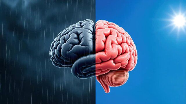 Conceptual Brain Animation with Left Side in Stormy Darkness and Right in Clear Sunny Day