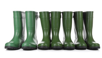 Row of green rain boots on white background