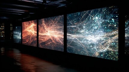Captivating digital art displays dynamic energy flows and cosmic light trails in a modern gallery setting