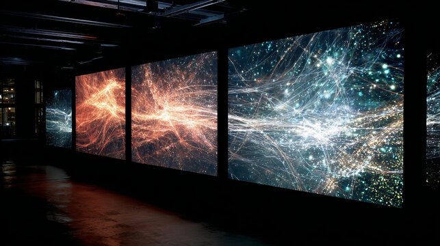 Captivating digital art displays dynamic energy flows and cosmic light trails in a modern gallery setting