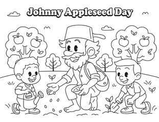 Johnny planting with kids
Johnny Appleseed Day coloring page. Cartoon vector of Johnny planting seeds with children gardening near apple trees. Fun black and white worksheet for kids.