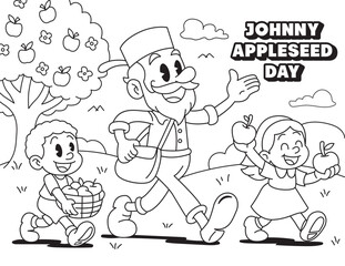Johnny walking with kids
Johnny Appleseed Day coloring page. Cartoon vector of Johnny with children, apples, and tree. Fun black and white worksheet for American folklore lessons.