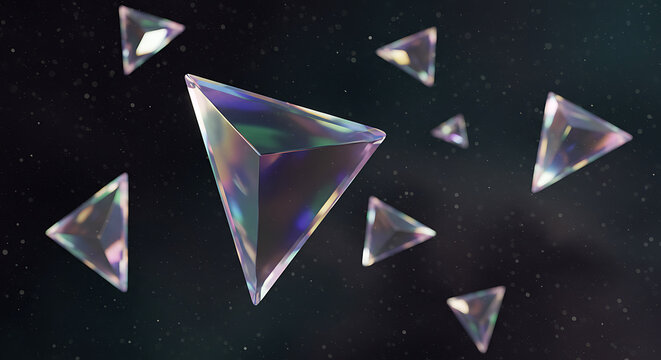 Futuristic digital rendering of iridescent triangular crystal prisms navigating through deep cosmic space with rainbow light refraction
