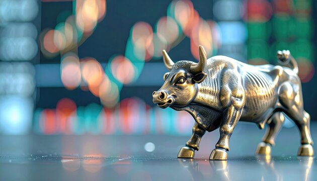 Golden bull statue on trading desk symbolizing optimism, investment growth and bullish trends in finance and stock exchange with glowing abstract chart backdrop - Powered by Adobe