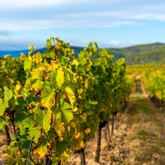 Fototapeta premium Autumn vineyard rows, pale yellow-green leaves, sunlight on vines