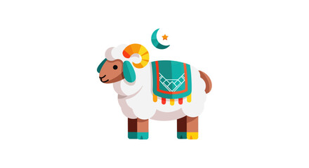 Eid al-Adha Sheep Illustration with Crescent Moon and Decorative Saddle.