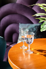 An Elegant Set of Glasses Placed on a Beautiful Wooden