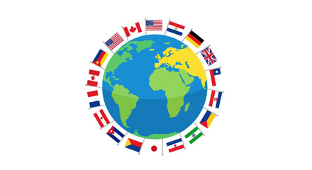 Globe Surrounded by Flags Representing International Countries.