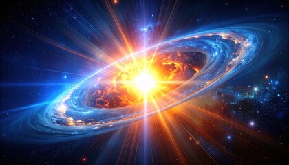 Obraz premium Explosive galactic scene with bright starburst and colorful spiral disk symbolizing cosmic creation energy and astronomical wonder of the universe