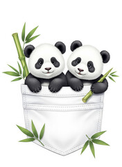 Naklejka premium Kawaii Panda Pocket Art with Bamboo Leaves Vector Style
