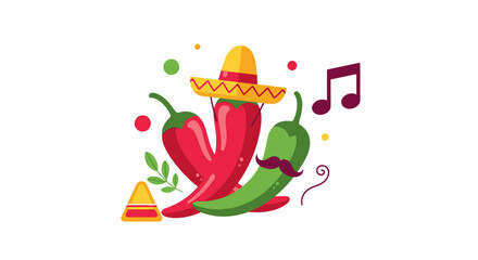 Festive Chili Peppers with Sombrero and Mustache Celebrating Mexican Culture.