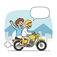 Two friends riding a yellow motorcycle with a speech bubble above them
