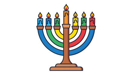 Vibrant Hanukkah Menorah Illustration with Nine Lit Colorful Candles Burning Brightly.