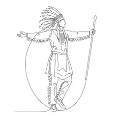 Indigenous man in traditional attire dancing with a staff  