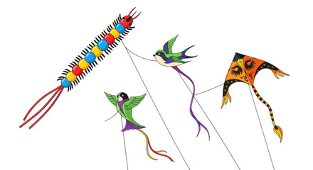 Colorful Kites of Various Shapes and Designs Flying in the Sky.