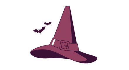 Fototapeta premium Purple Witch Hat with Buckle and Flying Bats Illustration.