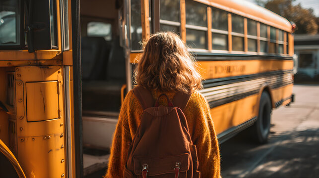 Young girl with backpack approaching yellow school bus in bright sunlight during afternoon - Powered by Adobe