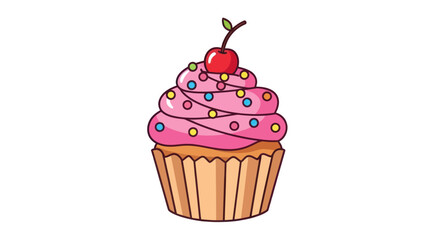 Cute Cartoon Cupcake with Pink Frosting Sprinkles and Cherry Topping.