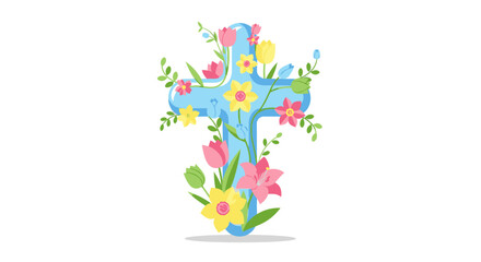 A light blue cross adorned with vibrant spring flowers and greenery.