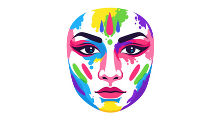 Vibrant abstract portrait of a womans face with colorful paint splashes and makeup.