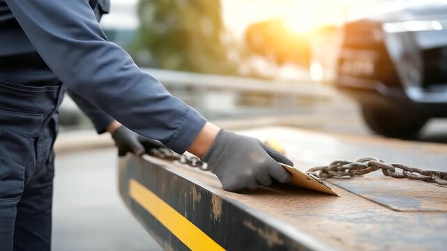 A tow truck driver their gloves thick loads a vehicle onto a flatbed its metal rusted. The vehicle&rsquo;s bumper its surface crumpled tilts on the ramp. A chain its links heavy