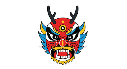 Colorful Dragon Head Illustration with Horns and Fierce Expression.