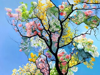 Artistic tree silhouette with a collage of colorful spring flowers. Surreal abstract nature concept representing blooming seasons against a blue sky.
 Generative Ai.