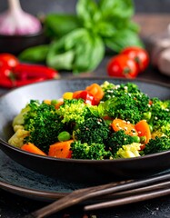 Colorful vegetable stir-fry in a dark bowl
