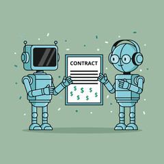 Two robots are holding a contract with dollar signs on a green background